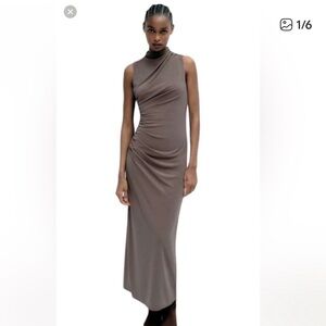 Zara Sleeveless Mock Neck Ruched Maxi Dress in Taupe Size:M